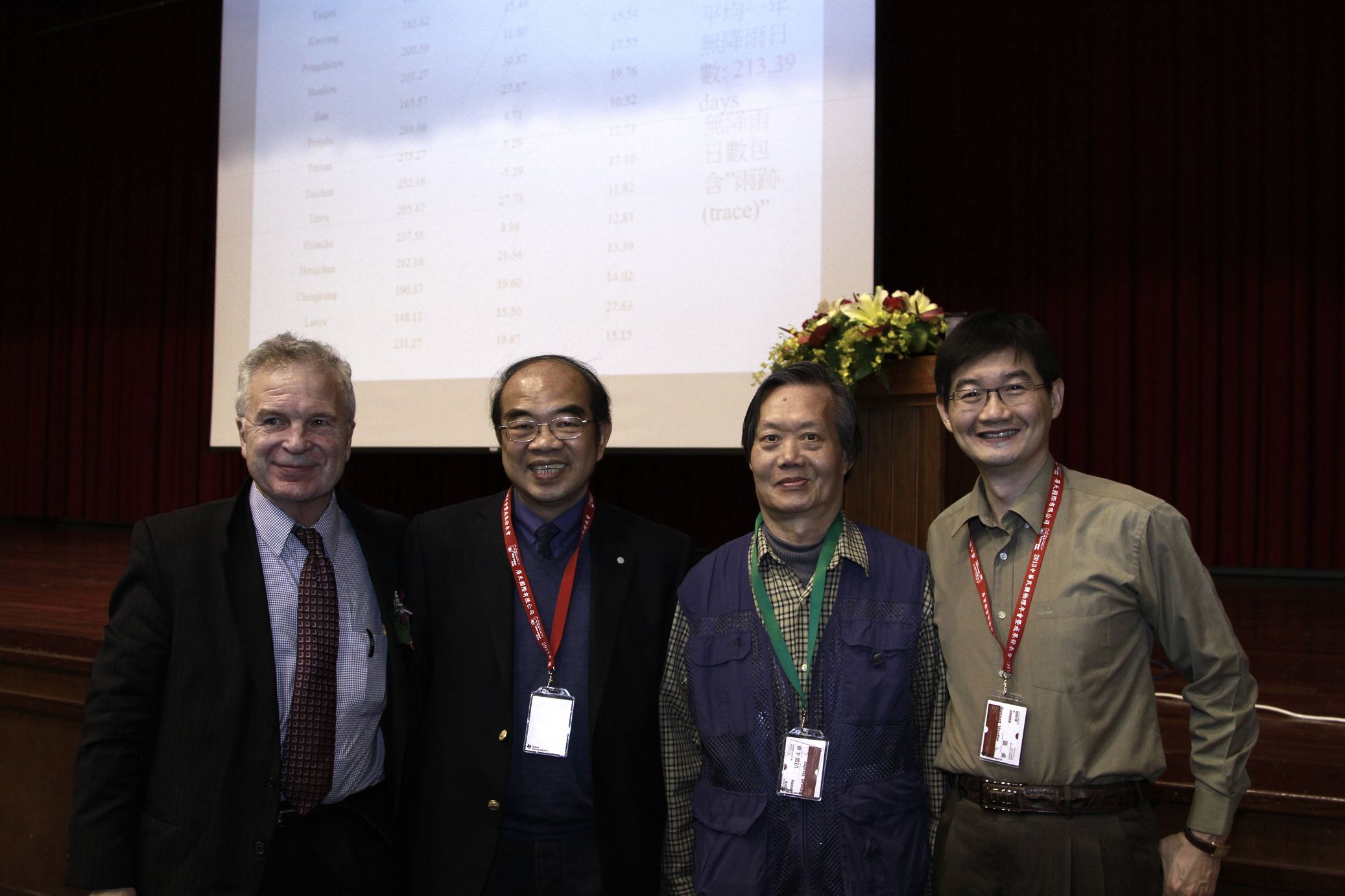 2013中華民國物理年會於東華大學舉辦，（左起）波士頓大學物理學教授H. Eugene Stanley、校長吳茂昆、中研院物理所胡進錕教授、物理學系系主任郭永綱